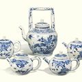 A Chinese large blue and white teapot and cover and four small ovoid teapots and covers, Ming dynasty, circa 1640