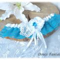 Jarretière en dentelle turquoise et blanc fleur papillon mariage 