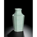 A fine and rare carved celadon-glazed octagonal vase. Seal mark and period of Qianlong