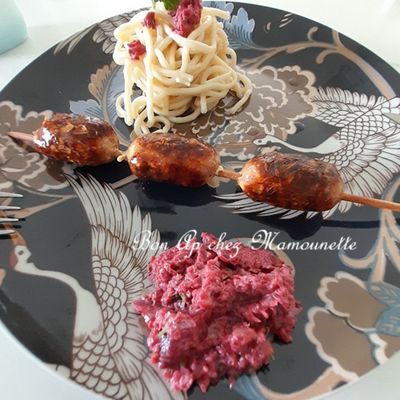 Pesto de betterave persil et ses brochettes et nouilles asiatiques, Bonne Fête des Pères