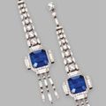 Pair Of Platinum, Sapphire And Diamond Pendant-Earrings. 