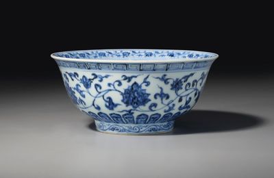 A rare blue and white bowl, Xuande six-character mark in underglaze blue within a double circle and of the period (1426-1435)