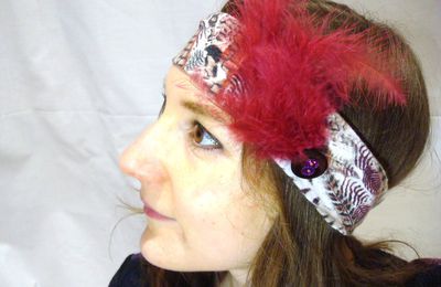 Collection "Animal" Headband Tigre et Plumes bordeaux